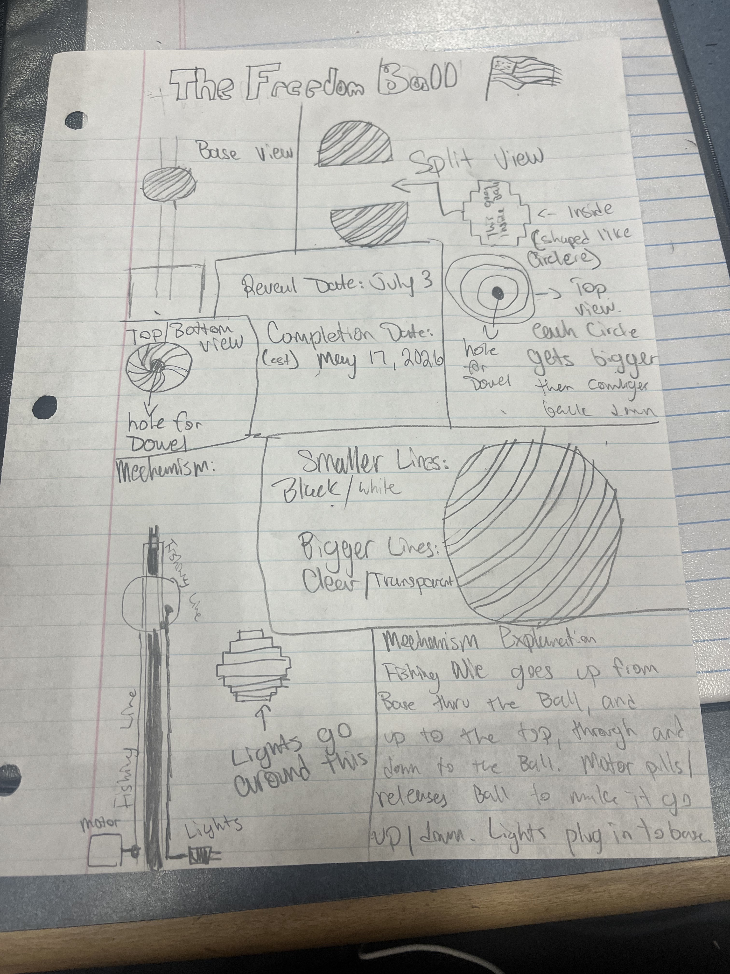Hand-drawn Freedom Ball concept sketches with views and mechanism notes
